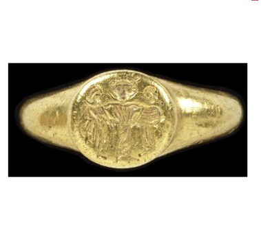 7th Century Marriage Ring- This is a ring typical of the Byzantine period on which the bride and groom are depicted on the bezel as full-length figures standing before Christ. He performs the marriage rite by symbolically joining their hands together is the dextrarum junctio . Some examples are inscribed in Greek: 'vow' or 'harmony'. (V&A Museum)